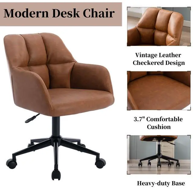 Alt view image 4 of 6 - Modern PU Leather Office Desk Chair with Armrest, Height Adjustable Wide Seat Computer Task Chair for Home Office, Mid Back Accent Chair, Brown