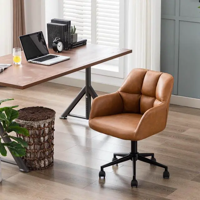 Alt view image 6 of 6 - Modern PU Leather Office Desk Chair with Armrest, Height Adjustable Wide Seat Computer Task Chair for Home Office, Mid Back Accent Chair, Brown