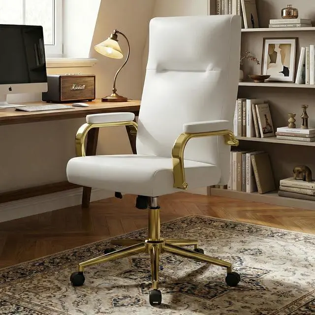 Main image of White and Gold Office Desk Chair Memory Foam, High Back Leather Executive Office Chair with Wheels and Arms for Women Girls Teens Adults