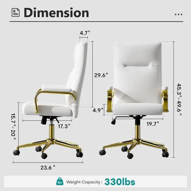 Alt view image 2 of 6 - White and Gold Office Desk Chair Memory Foam, High Back Leather Executive Office Chair with Wheels and Arms for Women Girls Teens Adults