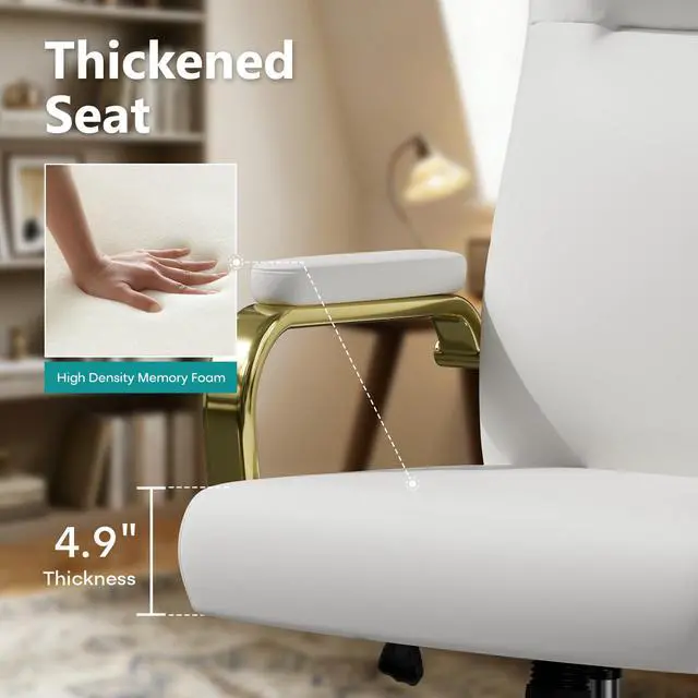 Alt view image 3 of 6 - White and Gold Office Desk Chair Memory Foam, High Back Leather Executive Office Chair with Wheels and Arms for Women Girls Teens Adults