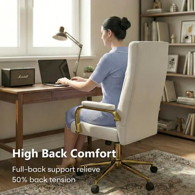 Alt view image 6 of 6 - White and Gold Office Desk Chair Memory Foam, High Back Leather Executive Office Chair with Wheels and Arms for Women Girls Teens Adults
