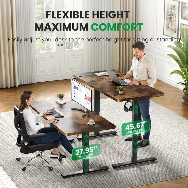 Alt view image 5 of 6 - Electric Standing Desk Adjustable - 60x28 Inch Sit Stand Desk with 1 Inch Thick Tabletop, Double Beam Frame, 3 Memory Height Adjustment, Cable Management for Home Office