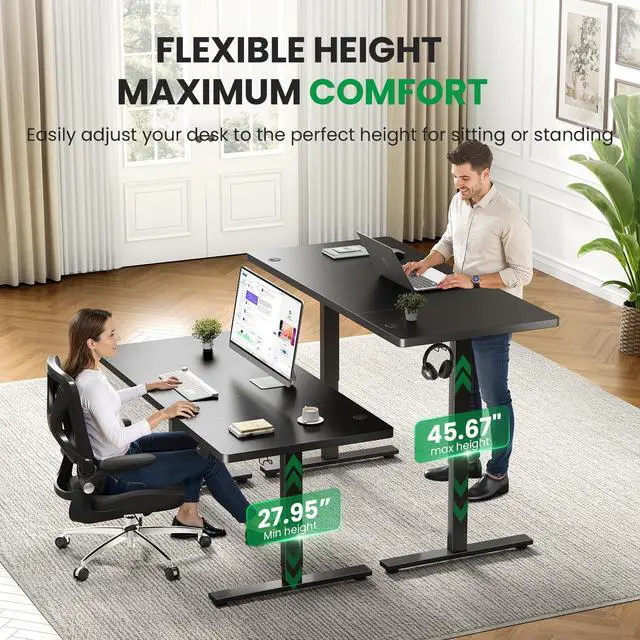 Alt view image 5 of 6 - Electric Standing Desk Adjustable - 60x28 Inch Sit Stand Desk with 1 Inch Thick Tabletop, Double Beam Frame, 3 Memory Height Adjustment, Cable Management for Home Office