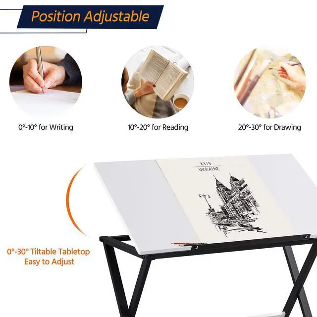 Alt view image 4 of 6 - Drafting Table for Artists Art Desk Drawing Painting Studying Table w/Tilted Tabletop Art Craft Work Station for Adults Home Office School Use