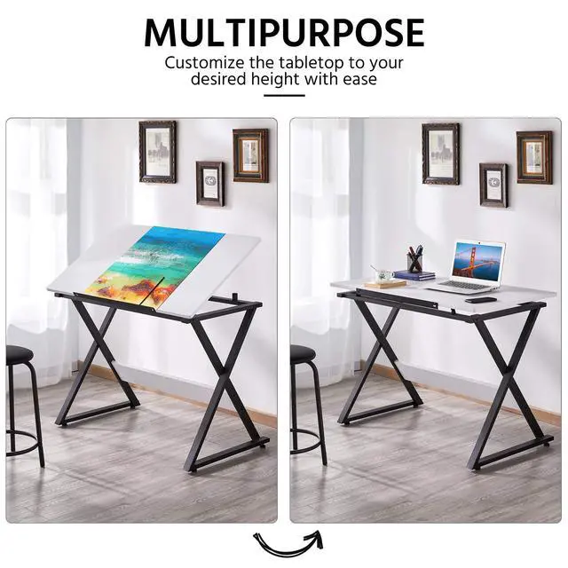 Alt view image 5 of 6 - Drafting Table for Artists Art Desk Drawing Painting Studying Table w/Tilted Tabletop Art Craft Work Station for Adults Home Office School Use