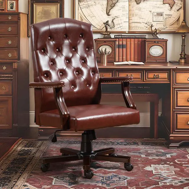 Alt view image 2 of 6 - Executive Office Chair, High Back Computer Chair with Upholstered Backrest Vinage Farmhouse Retro Style, Faux Leather Wing Back Swivel Boss Home Chair, Brown