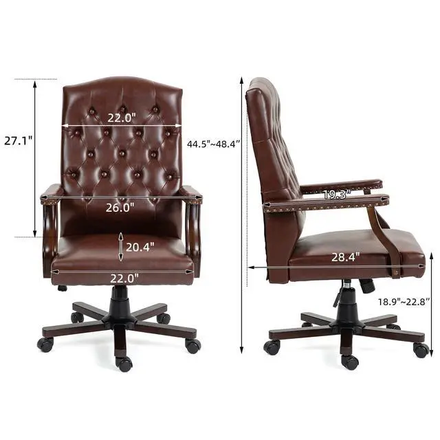 Alt view image 3 of 6 - Executive Office Chair, High Back Computer Chair with Upholstered Backrest Vinage Farmhouse Retro Style, Faux Leather Wing Back Swivel Boss Home Chair, Brown