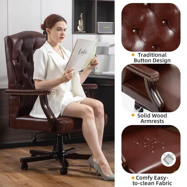 Alt view image 4 of 6 - Executive Office Chair, High Back Computer Chair with Upholstered Backrest Vinage Farmhouse Retro Style, Faux Leather Wing Back Swivel Boss Home Chair, Brown
