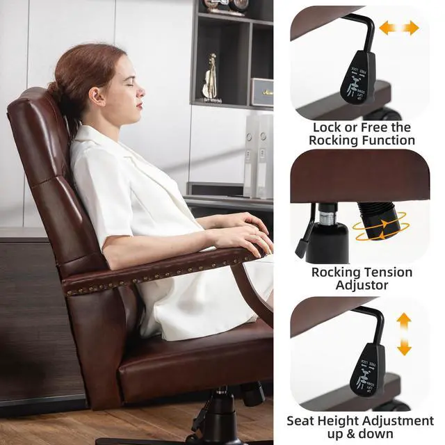 Alt view image 5 of 6 - Executive Office Chair, High Back Computer Chair with Upholstered Backrest Vinage Farmhouse Retro Style, Faux Leather Wing Back Swivel Boss Home Chair, Brown