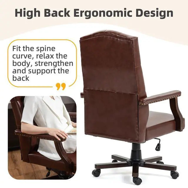 Alt view image 6 of 6 - Executive Office Chair, High Back Computer Chair with Upholstered Backrest Vinage Farmhouse Retro Style, Faux Leather Wing Back Swivel Boss Home Chair, Brown
