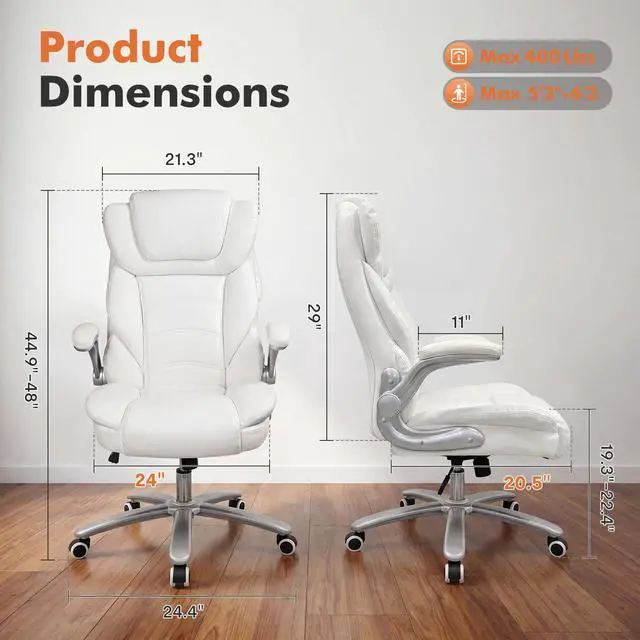 Alt view image 2 of 6 - Big and Tall 400lb Office Chair, Leather Executive Desk Chair, White | 24"Wide Seat, High Back, Space-Saving Flip-up Arms, Lumbar Support, Heavy Duty Base, Home, Conference Room