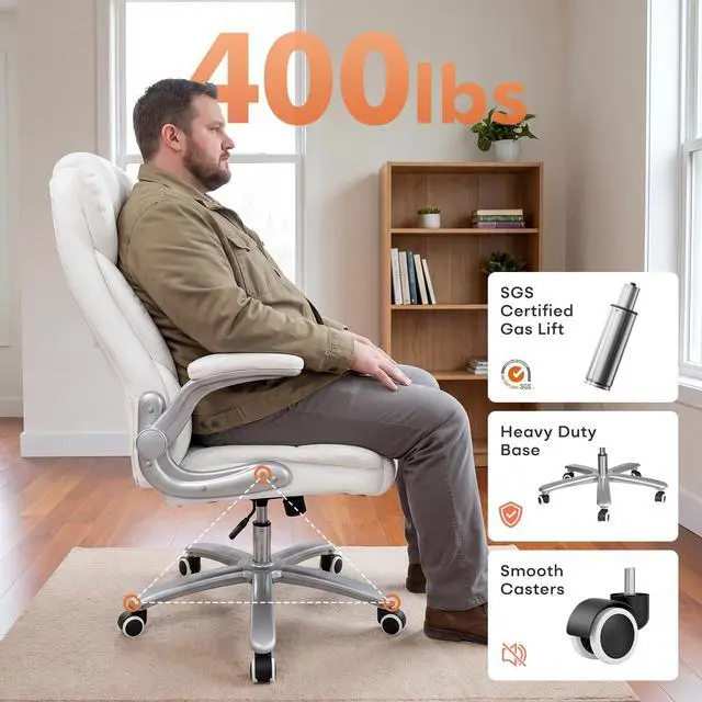 Alt view image 3 of 6 - Big and Tall 400lb Office Chair, Leather Executive Desk Chair, White | 24"Wide Seat, High Back, Space-Saving Flip-up Arms, Lumbar Support, Heavy Duty Base, Home, Conference Room