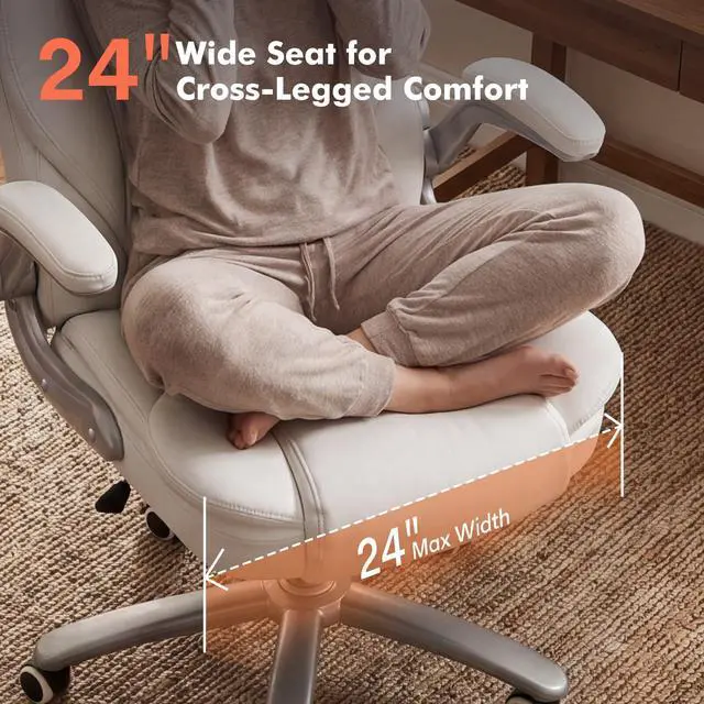 Alt view image 4 of 6 - Big and Tall 400lb Office Chair, Leather Executive Desk Chair, White | 24"Wide Seat, High Back, Space-Saving Flip-up Arms, Lumbar Support, Heavy Duty Base, Home, Conference Room