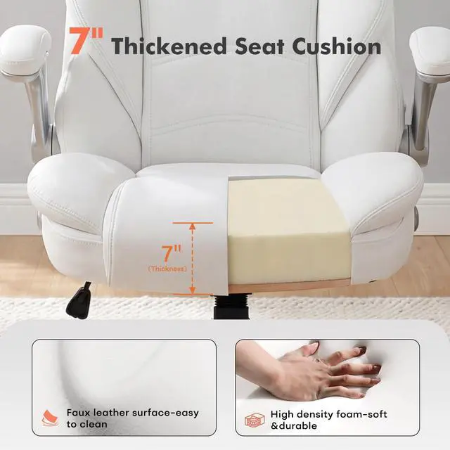 Alt view image 5 of 6 - Big and Tall 400lb Office Chair, Leather Executive Desk Chair, White | 24"Wide Seat, High Back, Space-Saving Flip-up Arms, Lumbar Support, Heavy Duty Base, Home, Conference Room
