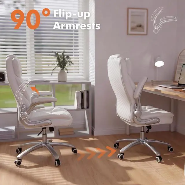 Alt view image 6 of 6 - Big and Tall 400lb Office Chair, Leather Executive Desk Chair, White | 24"Wide Seat, High Back, Space-Saving Flip-up Arms, Lumbar Support, Heavy Duty Base, Home, Conference Room