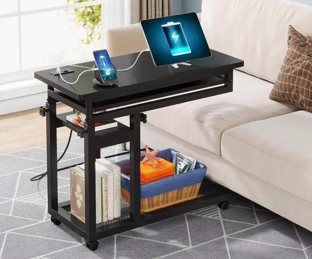 Main image of Small Portable Desk with Power Outlet, Height Adjustable Sofa Couch Bedside Laptop Table with Wheels, Mobile Standing Desk Rolling Computer Cart C Side Table with USB Ports