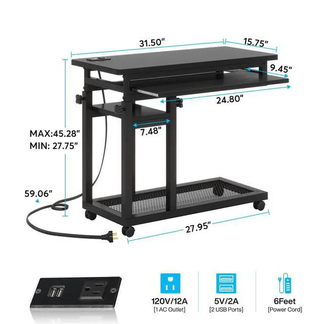 Alt view image 2 of 6 - Small Portable Desk with Power Outlet, Height Adjustable Sofa Couch Bedside Laptop Table with Wheels, Mobile Standing Desk Rolling Computer Cart C Side Table with USB Ports