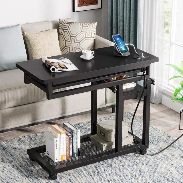 Alt view image 3 of 6 - Small Portable Desk with Power Outlet, Height Adjustable Sofa Couch Bedside Laptop Table with Wheels, Mobile Standing Desk Rolling Computer Cart C Side Table with USB Ports