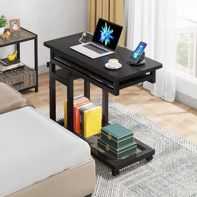 Alt view image 4 of 6 - Small Portable Desk with Power Outlet, Height Adjustable Sofa Couch Bedside Laptop Table with Wheels, Mobile Standing Desk Rolling Computer Cart C Side Table with USB Ports