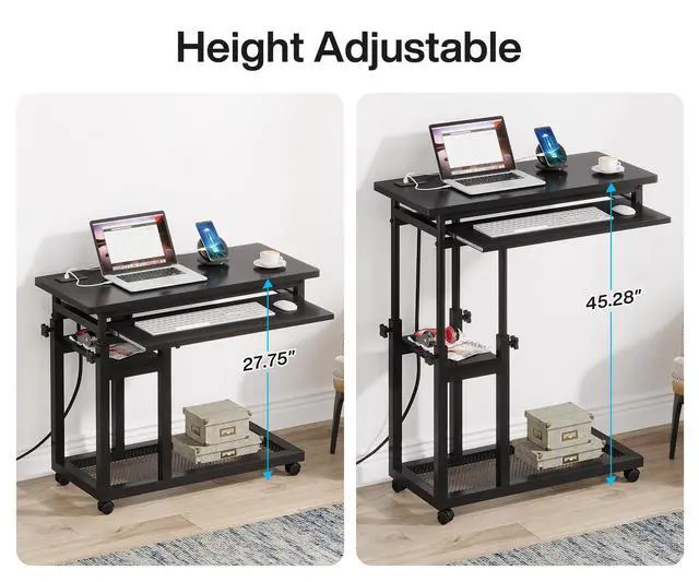 Alt view image 5 of 6 - Small Portable Desk with Power Outlet, Height Adjustable Sofa Couch Bedside Laptop Table with Wheels, Mobile Standing Desk Rolling Computer Cart C Side Table with USB Ports