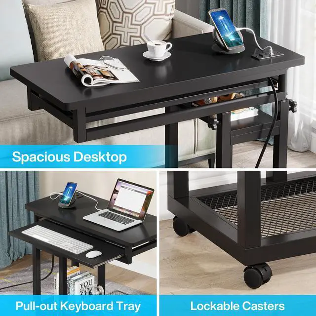 Alt view image 6 of 6 - Small Portable Desk with Power Outlet, Height Adjustable Sofa Couch Bedside Laptop Table with Wheels, Mobile Standing Desk Rolling Computer Cart C Side Table with USB Ports