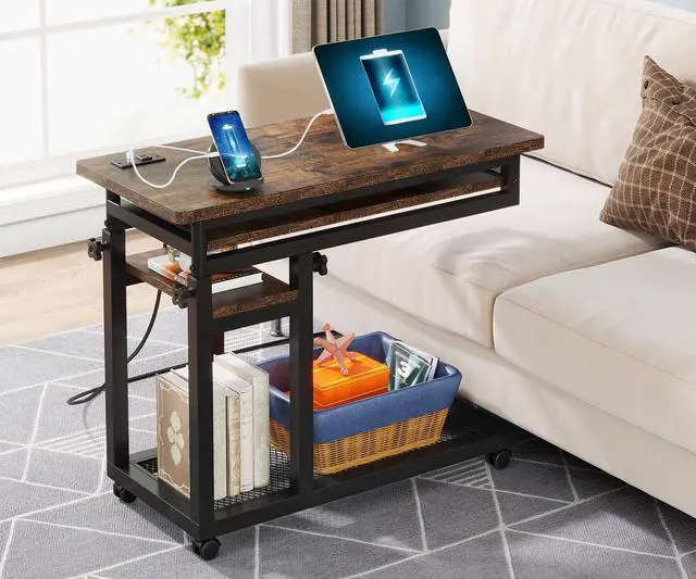 Main image of Small Portable Desk with Power Outlet, Height Adjustable Sofa Couch Bedside Laptop Table with Wheels, Mobile Standing Desk Rolling Computer Cart C Side Table with USB Ports