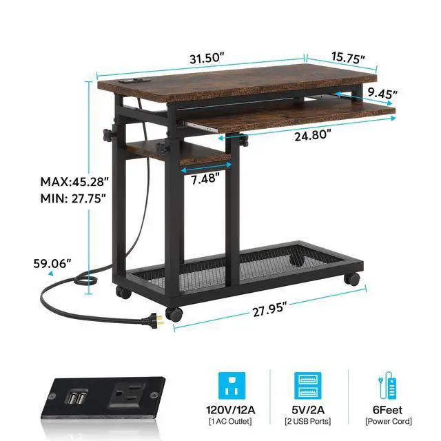 Alt view image 2 of 6 - Small Portable Desk with Power Outlet, Height Adjustable Sofa Couch Bedside Laptop Table with Wheels, Mobile Standing Desk Rolling Computer Cart C Side Table with USB Ports