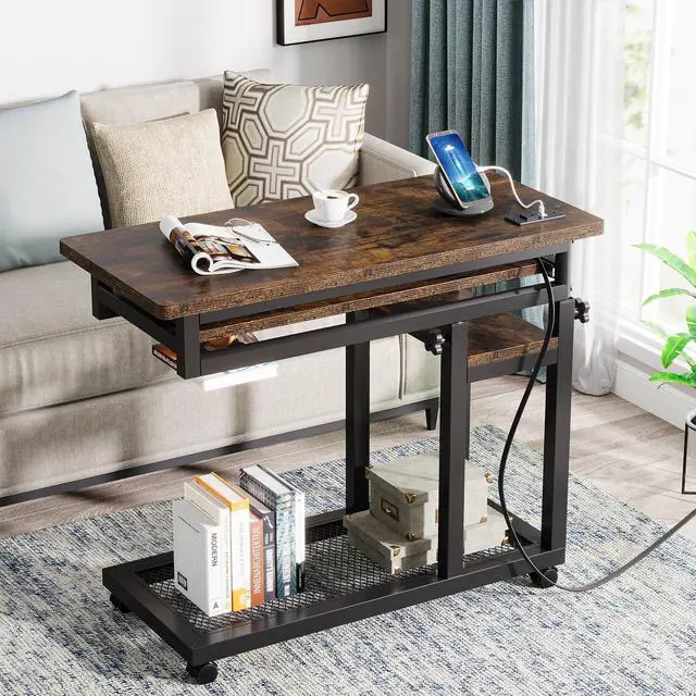 Alt view image 3 of 6 - Small Portable Desk with Power Outlet, Height Adjustable Sofa Couch Bedside Laptop Table with Wheels, Mobile Standing Desk Rolling Computer Cart C Side Table with USB Ports