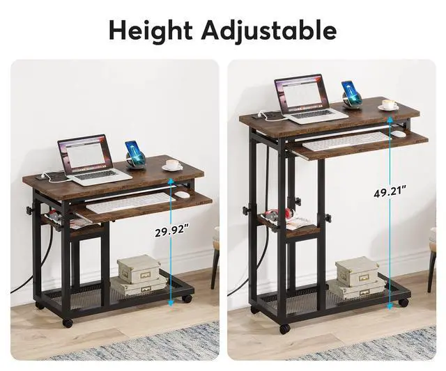 Alt view image 5 of 6 - Small Portable Desk with Power Outlet, Height Adjustable Sofa Couch Bedside Laptop Table with Wheels, Mobile Standing Desk Rolling Computer Cart C Side Table with USB Ports