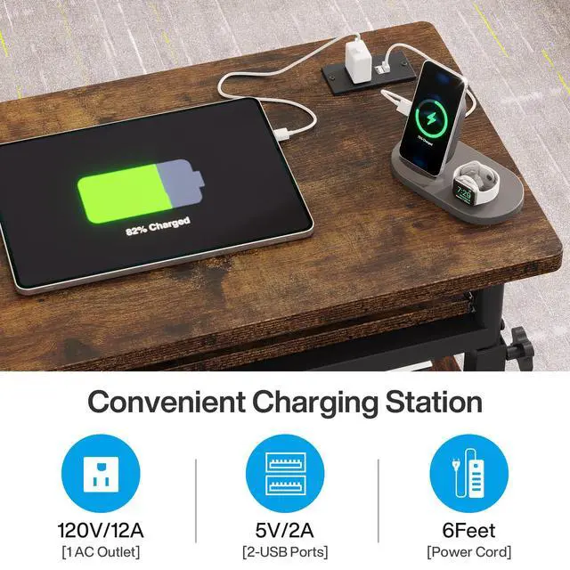Alt view image 6 of 6 - Small Portable Desk with Power Outlet, Height Adjustable Sofa Couch Bedside Laptop Table with Wheels, Mobile Standing Desk Rolling Computer Cart C Side Table with USB Ports