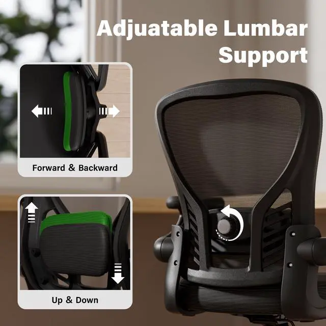 Alt view image 3 of 6 - Ergonomic Mesh Office Desk Chair, Black | 3D Flip-up Arms, Adjustable Lumbar Support, Adjustable Height, Study Room, Bedroom, Conference Room