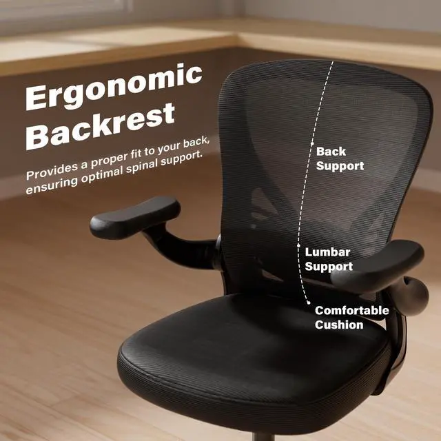 Alt view image 6 of 6 - Ergonomic Mesh Office Desk Chair, Black | 3D Flip-up Arms, Adjustable Lumbar Support, Adjustable Height, Study Room, Bedroom, Conference Room