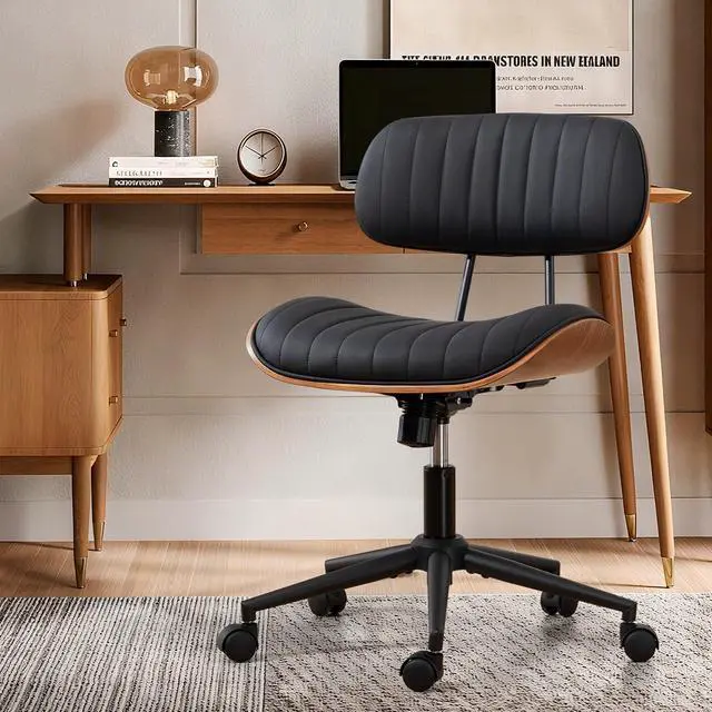 Main image of Home Office Chair with Wheels, Adjustable Height Desk Chair Leather Swivel Computer Chair, Armless Modern Walnut Chair for Office, Meeting Room, Black