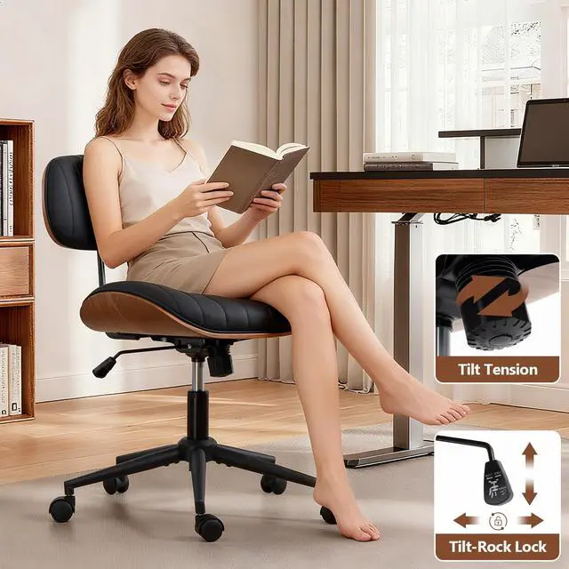 Alt view image 3 of 6 - Home Office Chair with Wheels, Adjustable Height Desk Chair Leather Swivel Computer Chair, Armless Modern Walnut Chair for Office, Meeting Room, Black