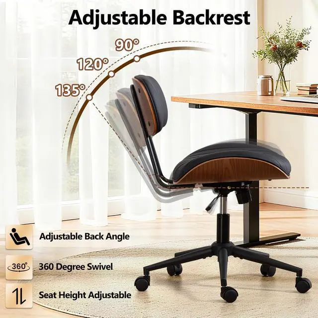 Alt view image 4 of 6 - Home Office Chair with Wheels, Adjustable Height Desk Chair Leather Swivel Computer Chair, Armless Modern Walnut Chair for Office, Meeting Room, Black