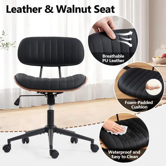 Alt view image 5 of 6 - Home Office Chair with Wheels, Adjustable Height Desk Chair Leather Swivel Computer Chair, Armless Modern Walnut Chair for Office, Meeting Room, Black