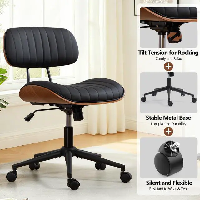 Alt view image 6 of 6 - Home Office Chair with Wheels, Adjustable Height Desk Chair Leather Swivel Computer Chair, Armless Modern Walnut Chair for Office, Meeting Room, Black