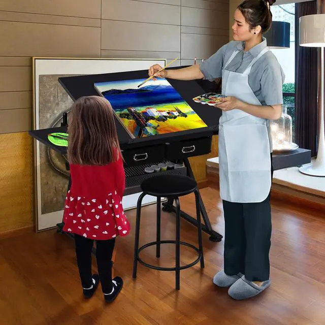 Alt view image 2 of 6 - Art Craft Table Drawing Table Height Adjustable Drafting Desk Work Station with Tiltable Tabletop w/Stool and 2 Storage Drawers for Reading, Writing,Studying
