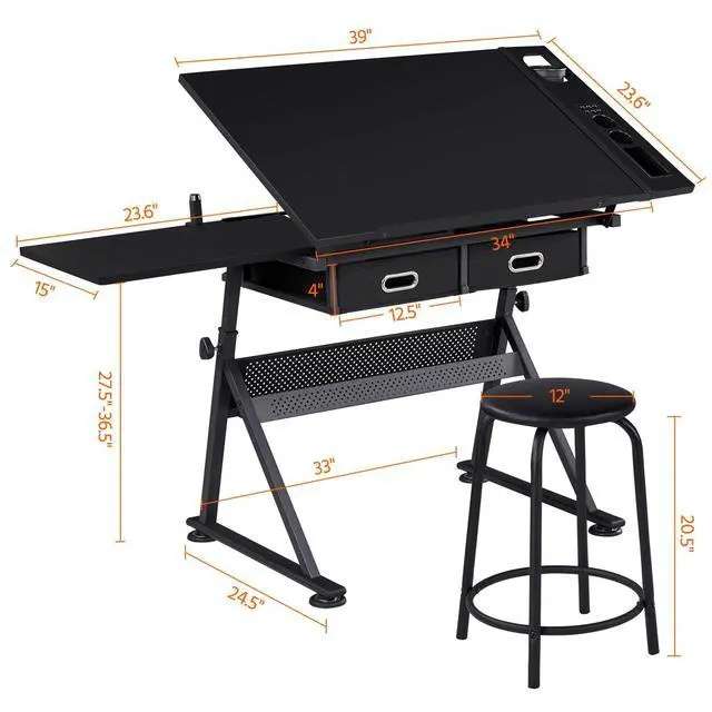 Alt view image 3 of 6 - Art Craft Table Drawing Table Height Adjustable Drafting Desk Work Station with Tiltable Tabletop w/Stool and 2 Storage Drawers for Reading, Writing,Studying