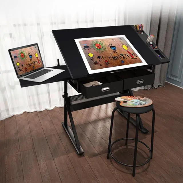 Alt view image 4 of 6 - Art Craft Table Drawing Table Height Adjustable Drafting Desk Work Station with Tiltable Tabletop w/Stool and 2 Storage Drawers for Reading, Writing,Studying