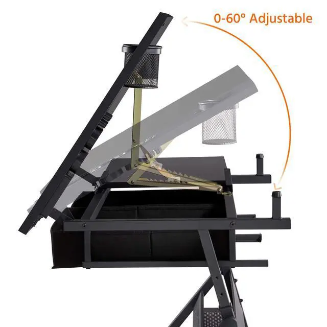 Alt view image 5 of 6 - Art Craft Table Drawing Table Height Adjustable Drafting Desk Work Station with Tiltable Tabletop w/Stool and 2 Storage Drawers for Reading, Writing,Studying
