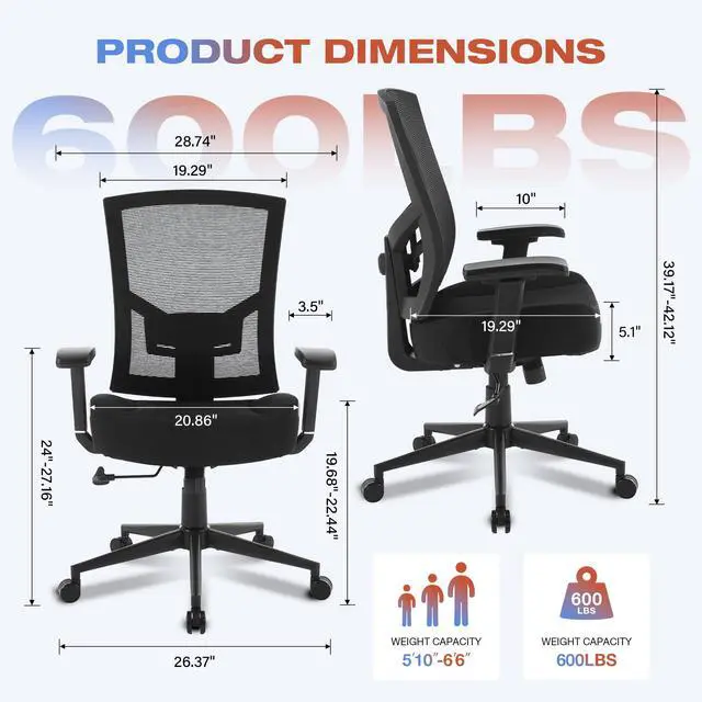 Alt view image 3 of 6 - Big and Tall Office Chair 600lbs with Lumbar Support for Eight Hour Daily Work Ergonomic Mesh Desk Chair Widen 3D Cushion for Reading, Gaming