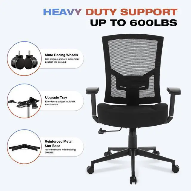 Alt view image 6 of 6 - Big and Tall Office Chair 600lbs with Lumbar Support for Eight Hour Daily Work Ergonomic Mesh Desk Chair Widen 3D Cushion for Reading, Gaming