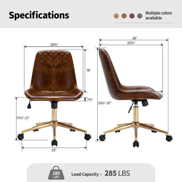 Alt view image 3 of 4 - Modern PU Leather Office Chair Desk Chair Swivel Computer Chair with Gold Base Yellowish-Brown