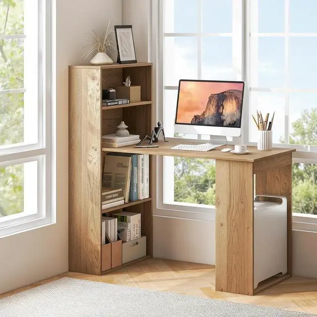 Alt view image 4 of 6 - Computer Desk with Bookshelf, Writing Study Desk with Storage Shelves & CPU Stand, Modern Compact Computer Workstation for Home & Office, Space-Saving Design(Natural)