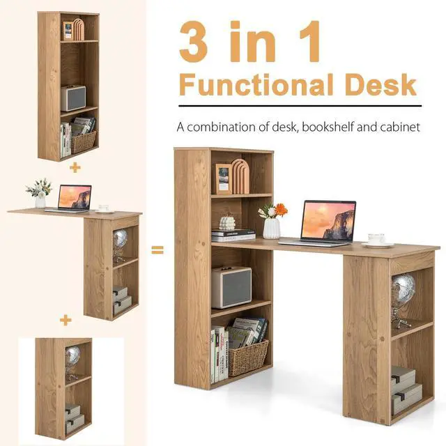 Alt view image 5 of 6 - Computer Desk with Bookshelf, Writing Study Desk with Storage Shelves & CPU Stand, Modern Compact Computer Workstation for Home & Office, Space-Saving Design(Natural)