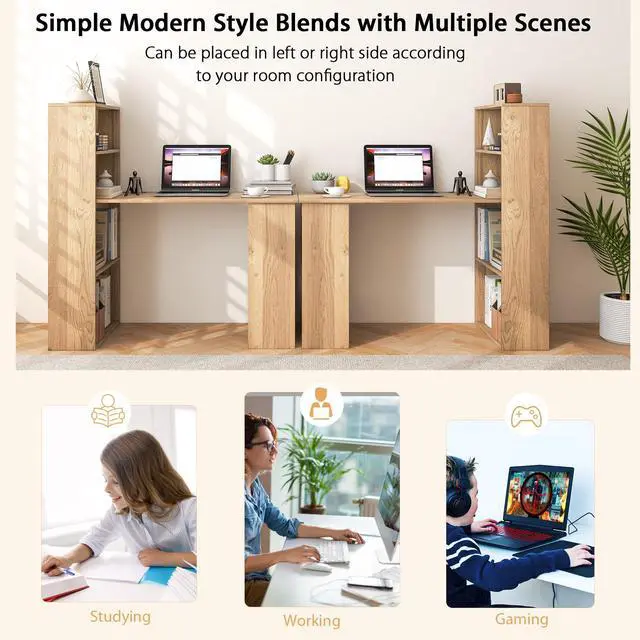 Alt view image 6 of 6 - Computer Desk with Bookshelf, Writing Study Desk with Storage Shelves & CPU Stand, Modern Compact Computer Workstation for Home & Office, Space-Saving Design(Natural)