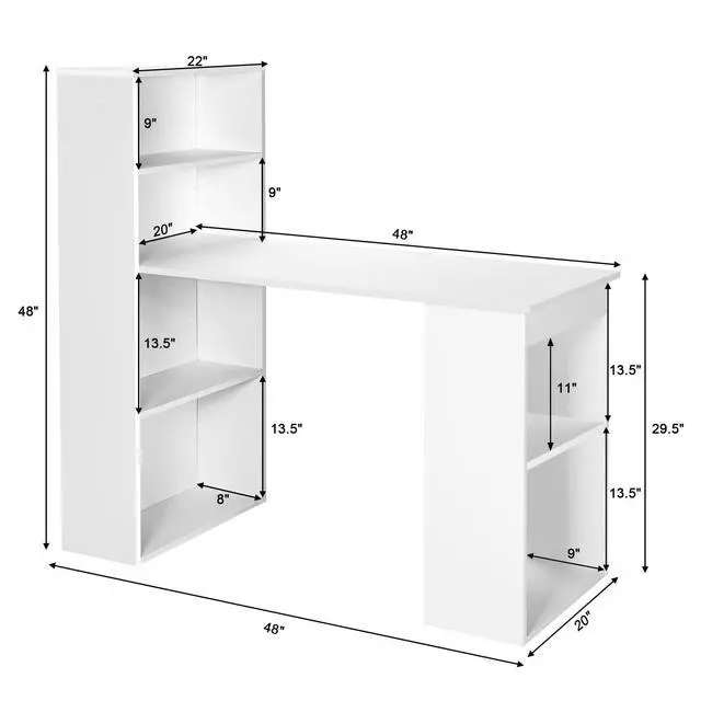 Alt view image 2 of 6 - White Computer Desk with Bookshelf, Writing Study Desk with Storage Shelves & CPU Stand, Modern Compact Computer Workstation for Home & Office, Space-Saving Design
