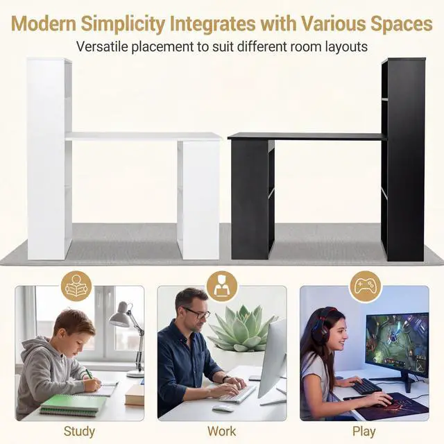 Alt view image 3 of 6 - White Computer Desk with Bookshelf, Writing Study Desk with Storage Shelves & CPU Stand, Modern Compact Computer Workstation for Home & Office, Space-Saving Design